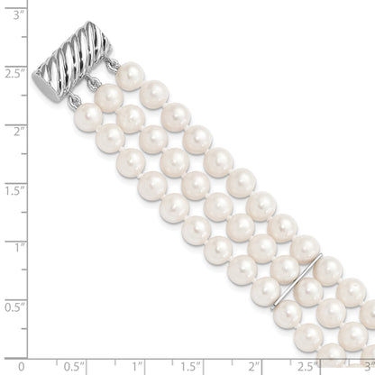 7 Inch Sterling Silver Rhodium-Plt 6-7mm White Fwc Pearl 3 Strand Bracelet