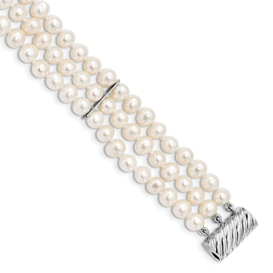 7 Inch Sterling Silver Rhodium-Plt 6-7mm White Fwc Pearl 3 Strand Bracelet