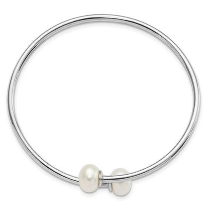 Sterling Silver Rhodium 9-10mm White Fwc Pearl Flexible Cuff Bangle