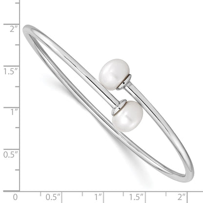 Sterling Silver Rhodium 9-10mm White Fwc Pearl Flexible Cuff Bangle