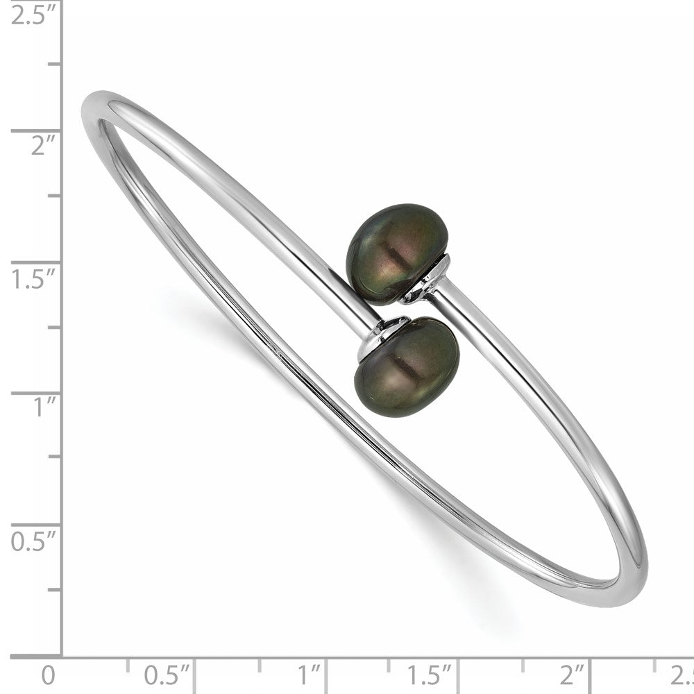 Sterling Silver Rhodium Plated 9-10mm Black Button Fwc Flexible Bangle