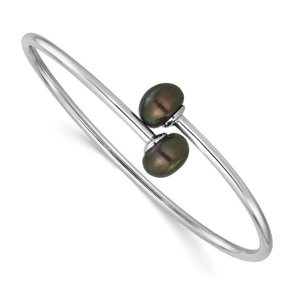 Sterling Silver Rhodium Plated 9-10mm Black Button Fwc Flexible Bangle