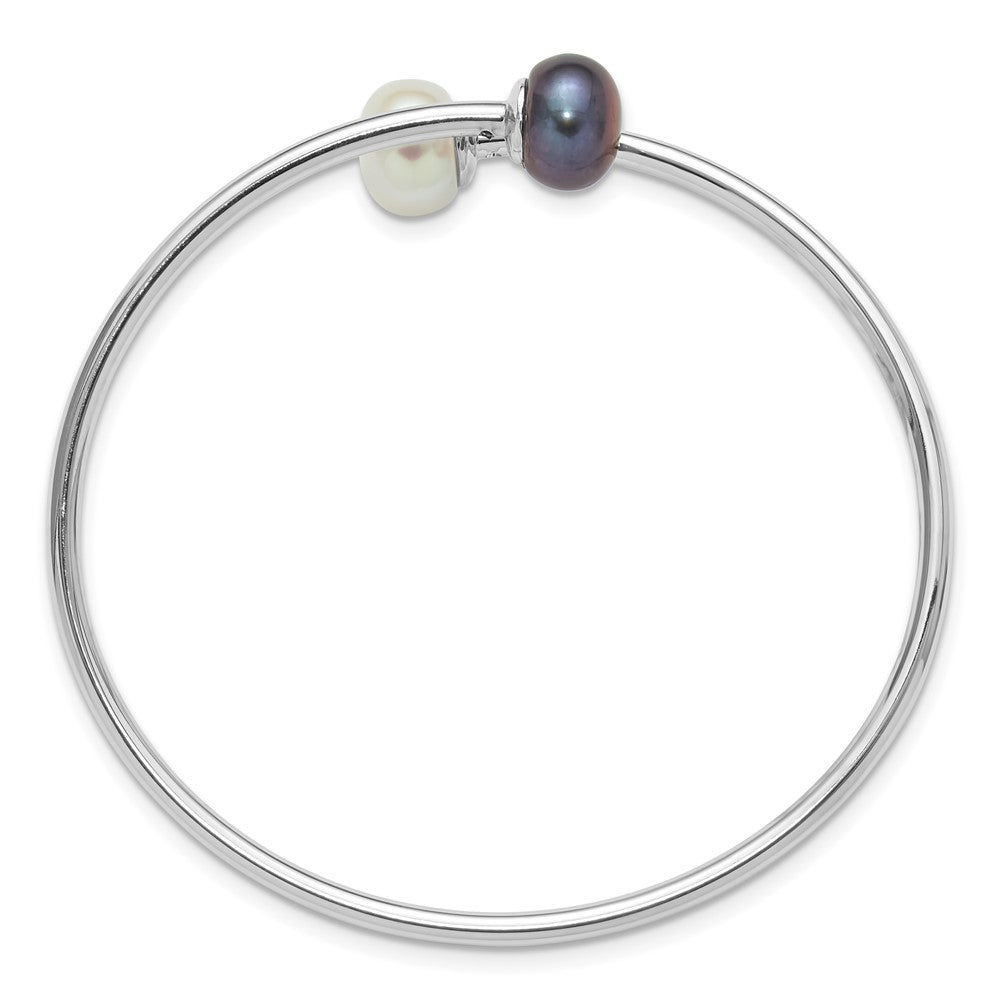 Sterling Silver Rhodium Plated 9-10mm Black/white Fwc Pearl Flexible Bangle