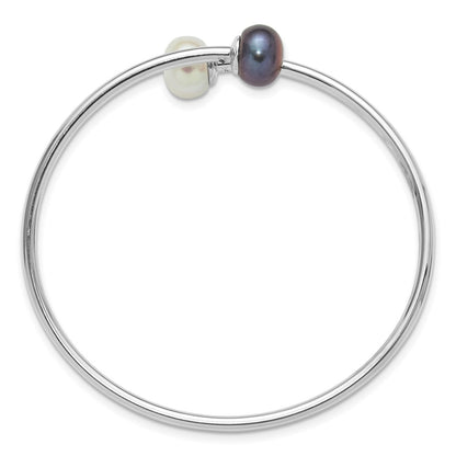 Sterling Silver Rhodium Plated 9-10mm Black/white Fwc Pearl Flexible Bangle