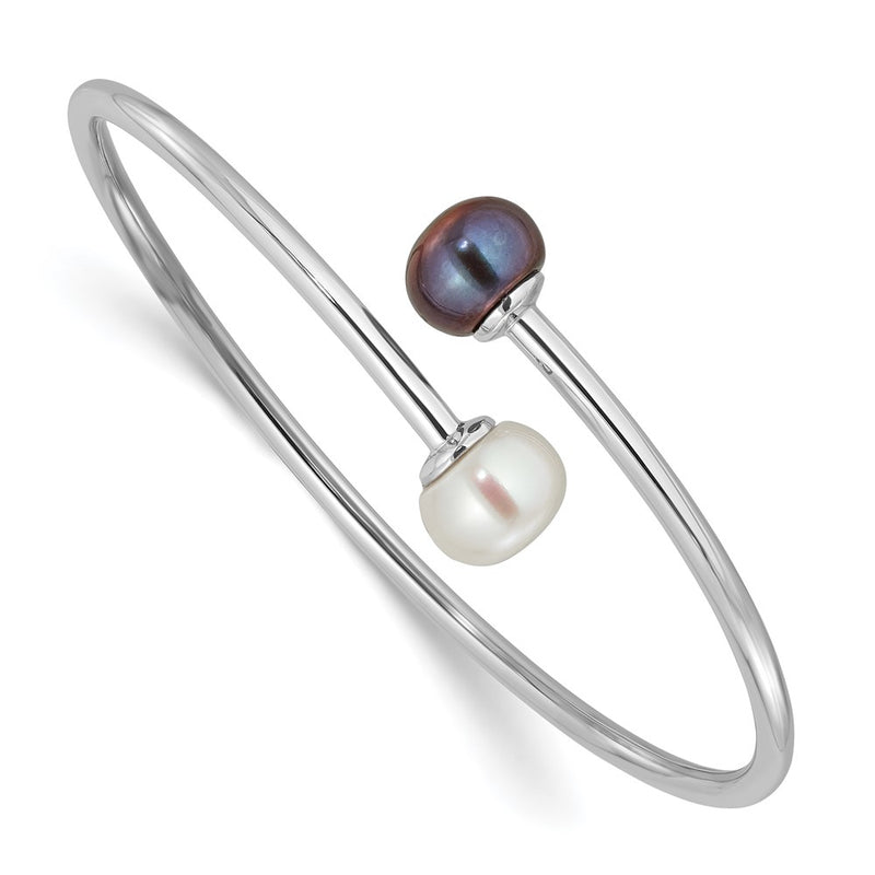 Sterling Silver Rhodium Plated 9-10mm Black/white Fwc Pearl Flexible Bangle