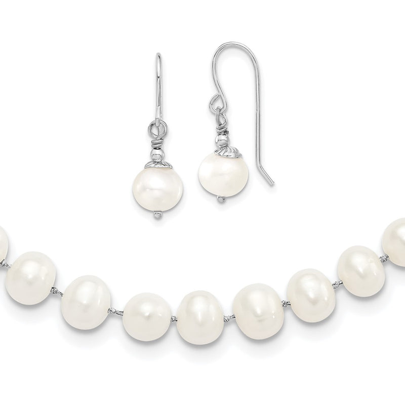 Sterling Silver Rh 7-8mm White Fwc Pearl Earring/Necklace Set