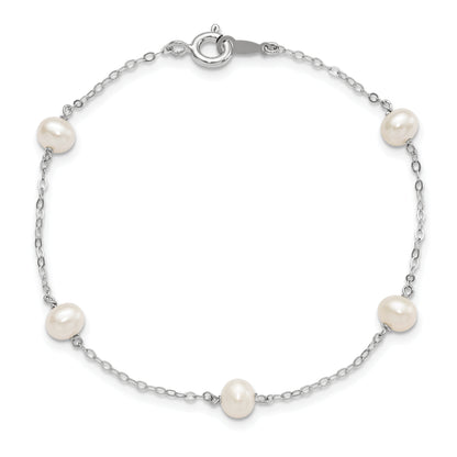 7 Inch Sterling Silver Rh-Plated 4-5mm White Semi Rnd Fwc Pearl 5 Station Bracelet