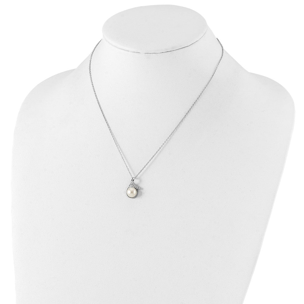 Sterling Silver Rhodium-Plated 8-10mm Fwc Pearl Cz Earring/Necklace Set