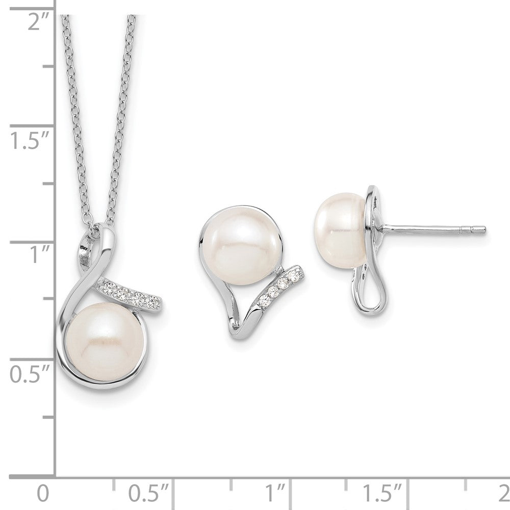 Sterling Silver Rhodium-Plated 8-10mm Fwc Pearl Cz Earring/Necklace Set
