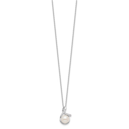 Sterling Silver Rhodium-Plated 8-10mm Fwc Pearl Cz Earring/Necklace Set