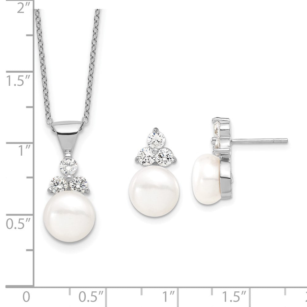 Sterling Silver Rhodium-Plated 9-10mm Coin Fwcpearl Cz Earring/Necklace Set