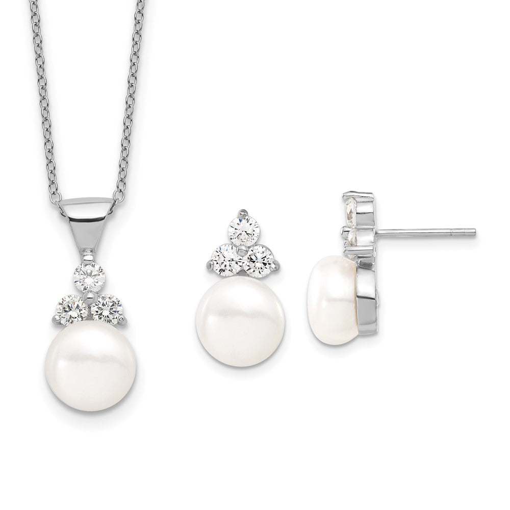 Sterling Silver Rhodium-Plated 9-10mm Coin Fwcpearl Cz Earring/Necklace Set