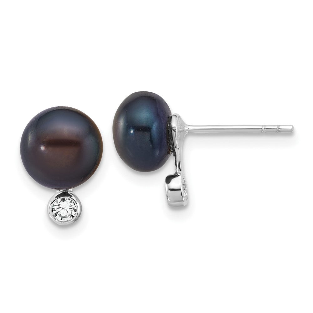 Sterling Silver Rhod Black Fwc Pearl & CZ 17in Necklace/earring Set