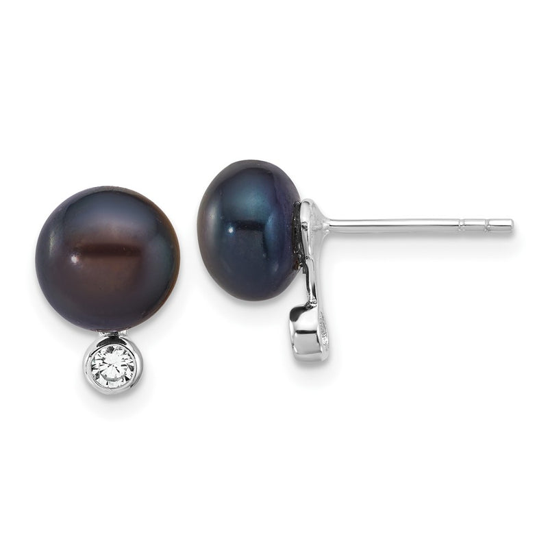 Sterling Silver Rhod Black Fwc Pearl & CZ 17in Necklace/earring Set