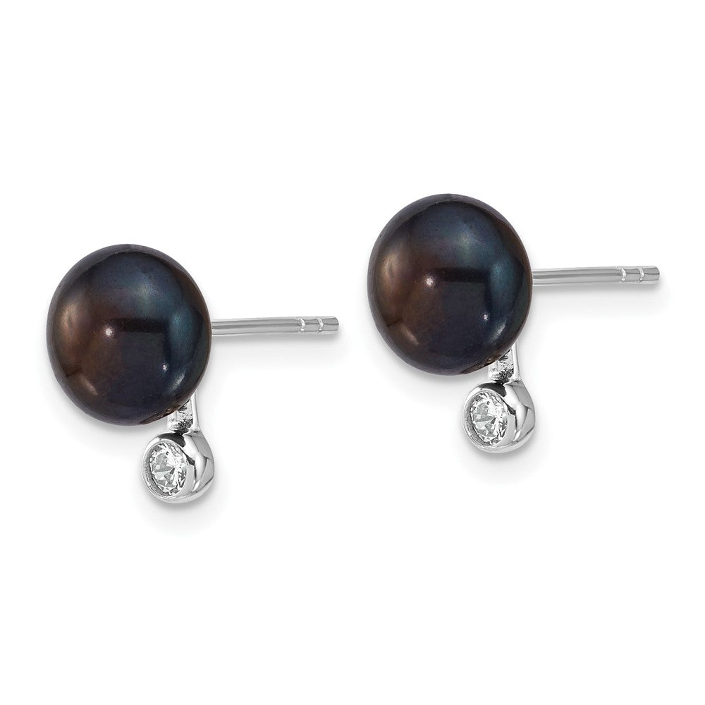 Sterling Silver Rhod Black Fwc Pearl & CZ 17in Necklace/earring Set