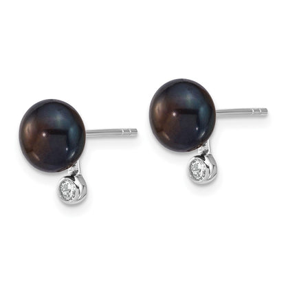 Sterling Silver Rhod Black Fwc Pearl & CZ 17in Necklace/earring Set