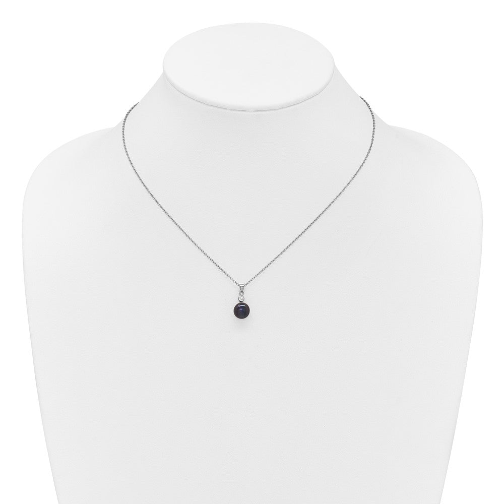 Sterling Silver Rhod Black Fwc Pearl & CZ 17in Necklace/earring Set