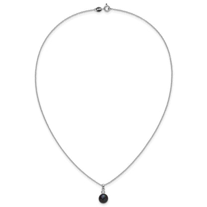 Sterling Silver Rhod Black Fwc Pearl & CZ 17in Necklace/earring Set