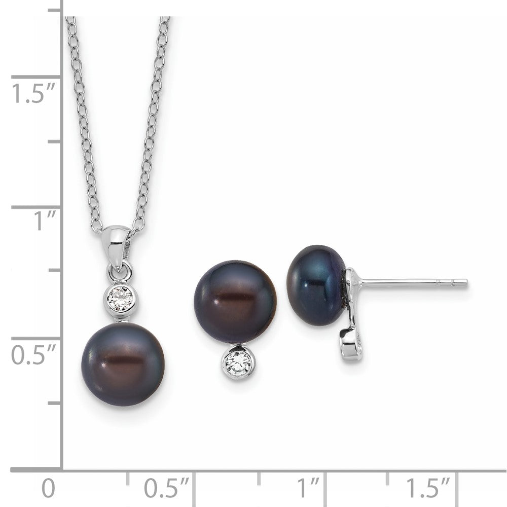Sterling Silver Rhod Black Fwc Pearl & CZ 17in Necklace/earring Set
