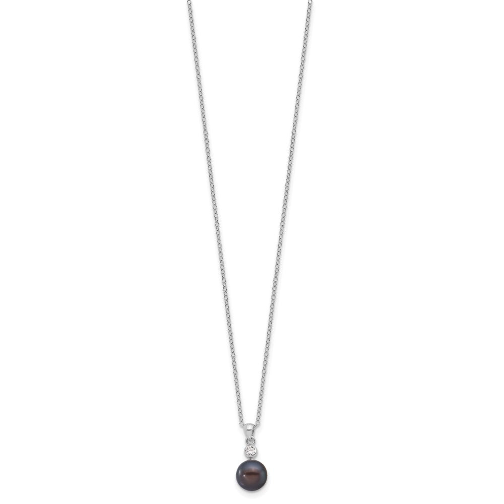 Sterling Silver Rhod Black Fwc Pearl & CZ 17in Necklace/earring Set