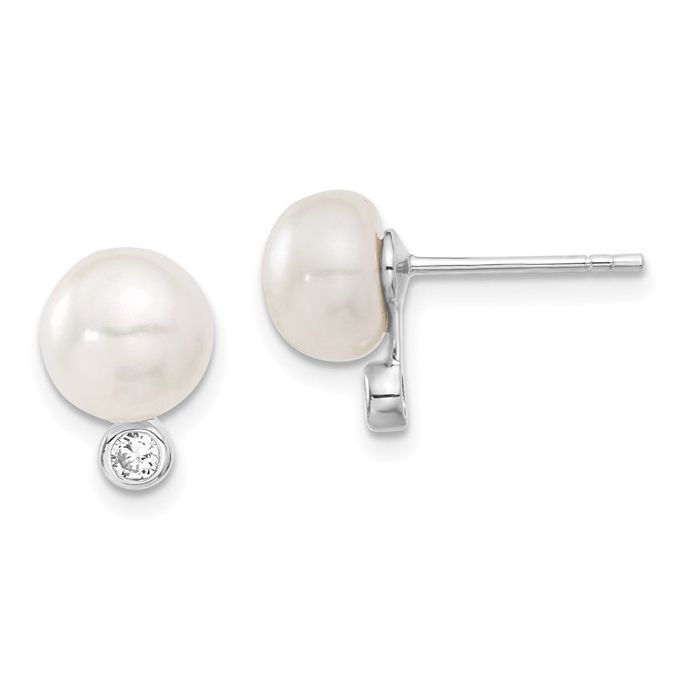 Sterling Silver Rhodium-Plated 8-9mm Fwc Pearl Cz Earring/Necklace Set