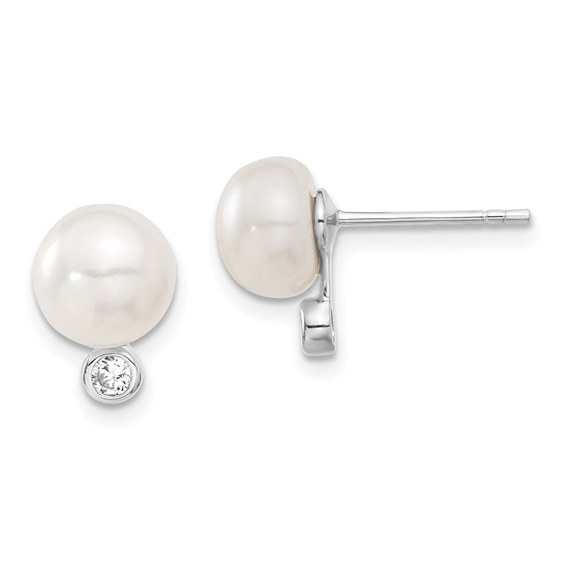 Sterling Silver Rhodium-Plated 8-9mm Fwc Pearl Cz Earring/Necklace Set