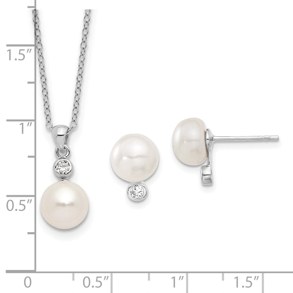 Sterling Silver Rhodium-Plated 8-9mm Fwc Pearl Cz Earring/Necklace Set