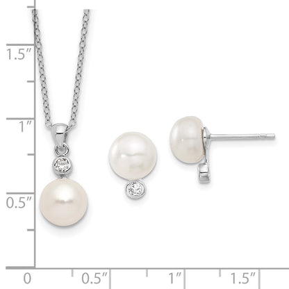 Sterling Silver Rhodium-Plated 8-9mm Fwc Pearl Cz Earring/Necklace Set