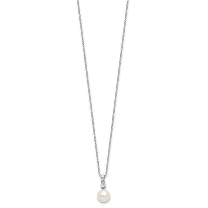 Sterling Silver Rhodium-Plated 8-9mm Fwc Pearl Cz Earring/Necklace Set
