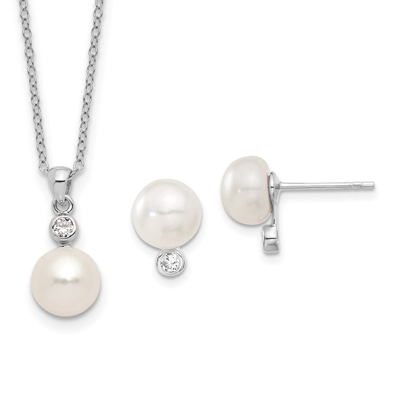Sterling Silver Rhodium-Plated 8-9mm Fwc Pearl Cz Earring/Necklace Set