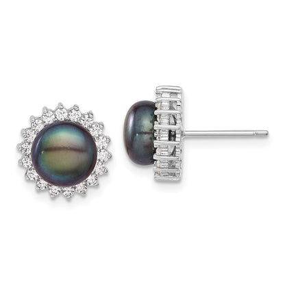 Sterling Silver Rhod-Plated 8-9mm Black Fwc Pearl Cz Earring/Necklace Set
