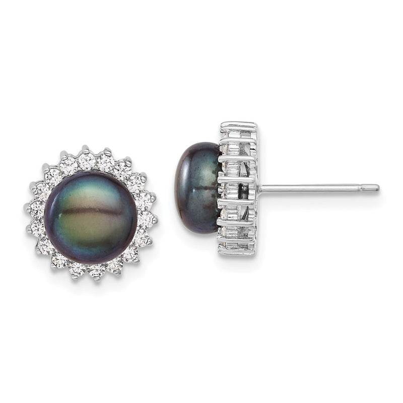 Sterling Silver Rhod-Plated 8-9mm Black Fwc Pearl Cz Earring/Necklace Set