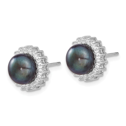 Sterling Silver Rhod-Plated 8-9mm Black Fwc Pearl Cz Earring/Necklace Set