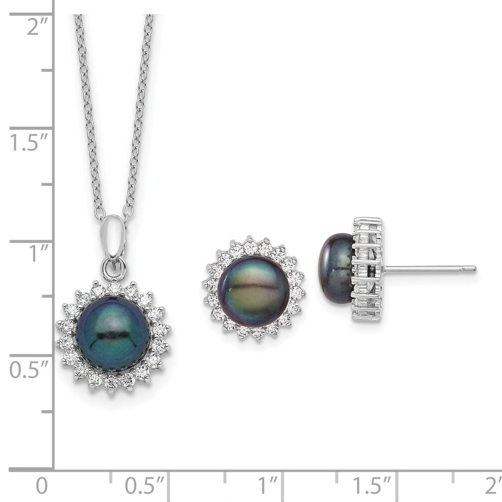 Sterling Silver Rhod-Plated 8-9mm Black Fwc Pearl Cz Earring/Necklace Set