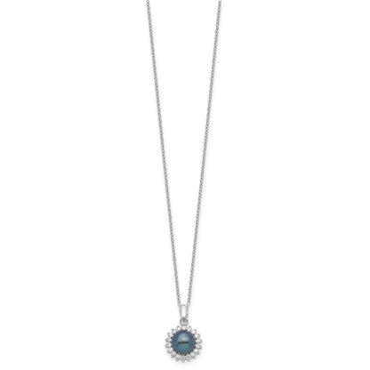 Sterling Silver Rhod-Plated 8-9mm Black Fwc Pearl Cz Earring/Necklace Set