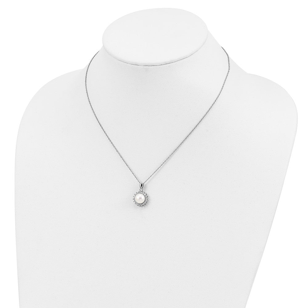 Sterling Silver Rhodium-Plated 8-9mm Fwc Pearl Cz Earring/Necklace Set