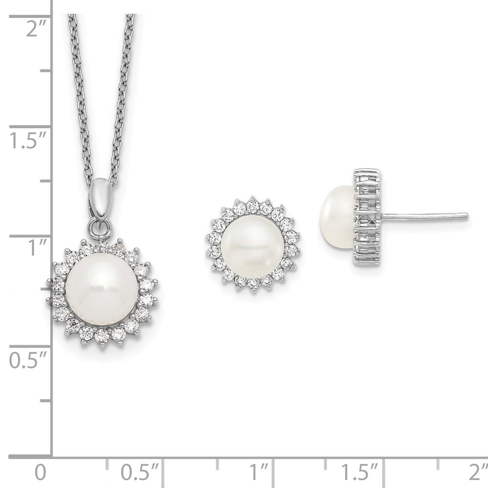 Sterling Silver Rhodium-Plated 8-9mm Fwc Pearl Cz Earring/Necklace Set
