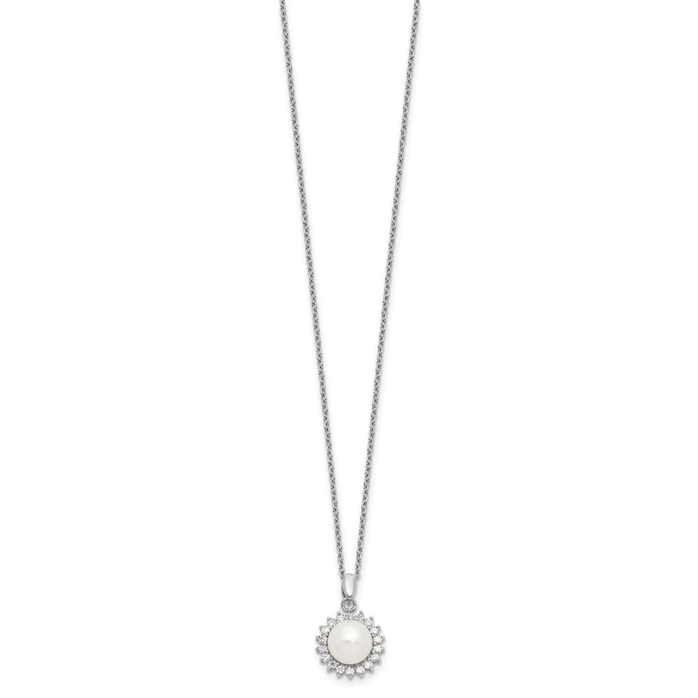 Sterling Silver Rhodium-Plated 8-9mm Fwc Pearl Cz Earring/Necklace Set