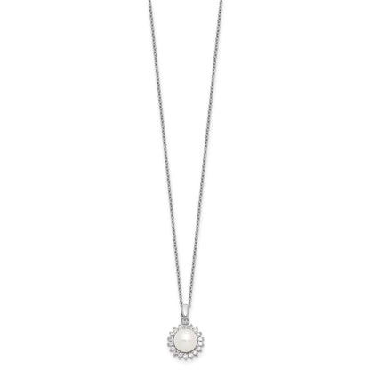 Sterling Silver Rhodium-Plated 8-9mm Fwc Pearl Cz Earring/Necklace Set