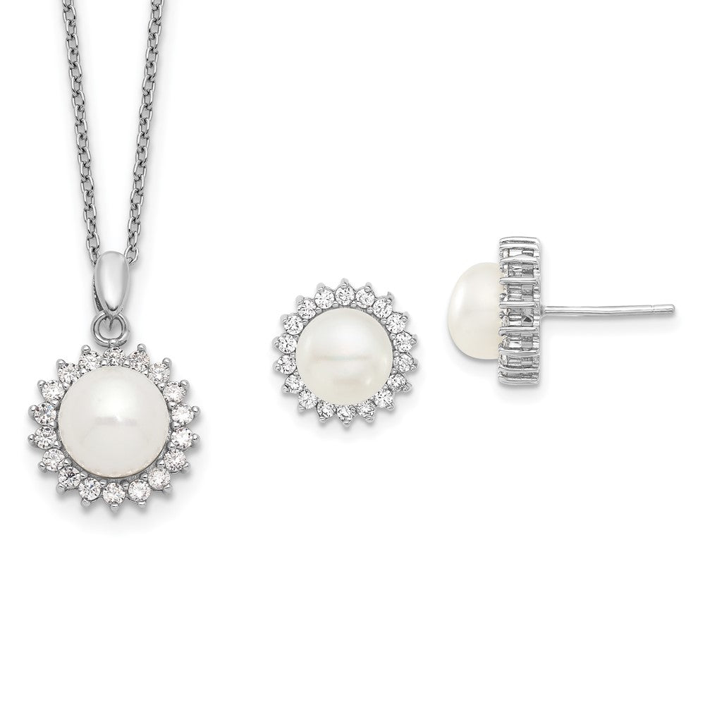 Sterling Silver Rhodium-Plated 8-9mm Fwc Pearl Cz Earring/Necklace Set