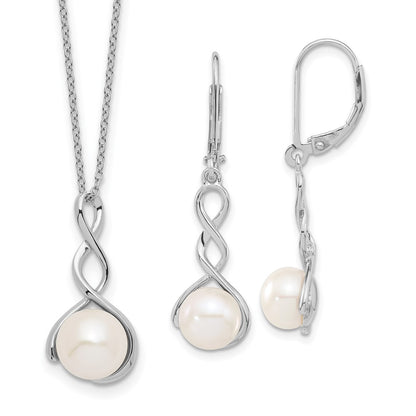 Sterling Silver Rhodium-Plated 8-9mm White Fwc Pearl Earring/Necklace Set