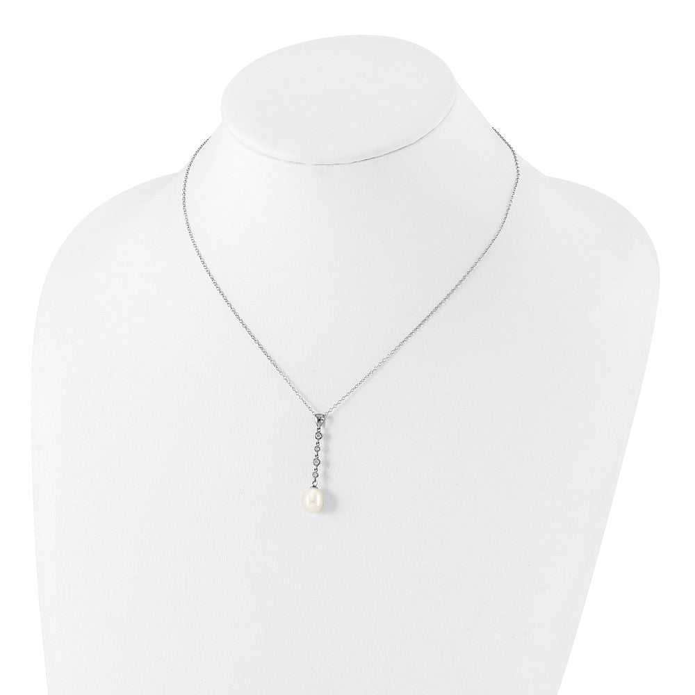Sterling Silver Rhodium-Plated 8-9mm Fwc Pearl Cz Earring/Necklace Set