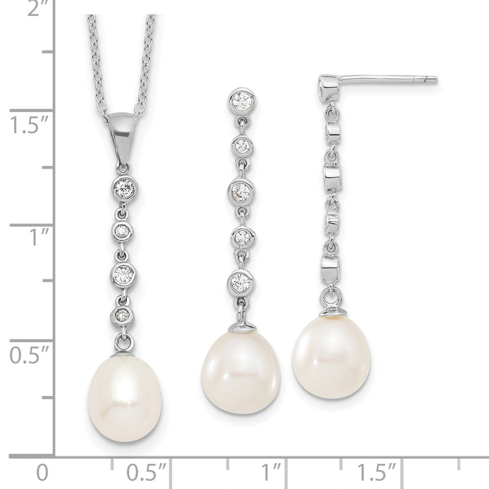 Sterling Silver Rhodium-Plated 8-9mm Fwc Pearl Cz Earring/Necklace Set