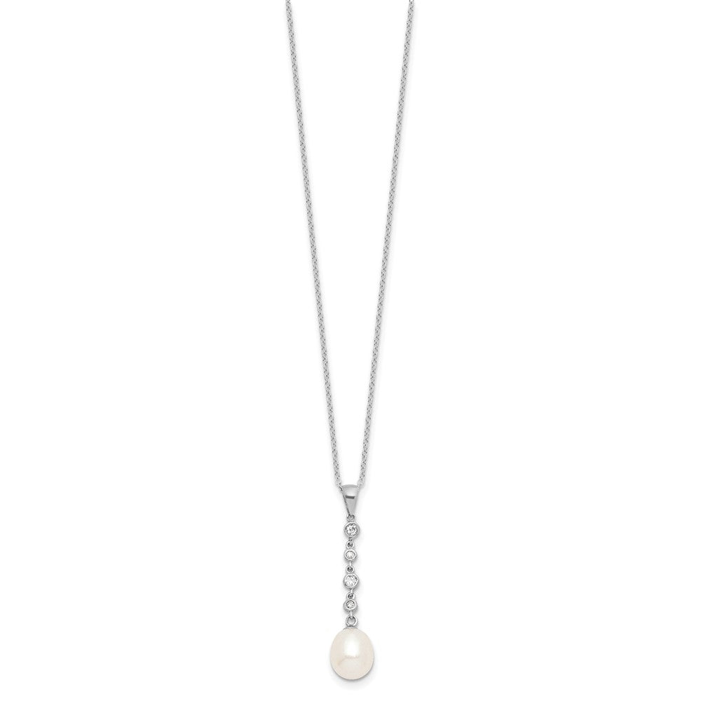 Sterling Silver Rhodium-Plated 8-9mm Fwc Pearl Cz Earring/Necklace Set