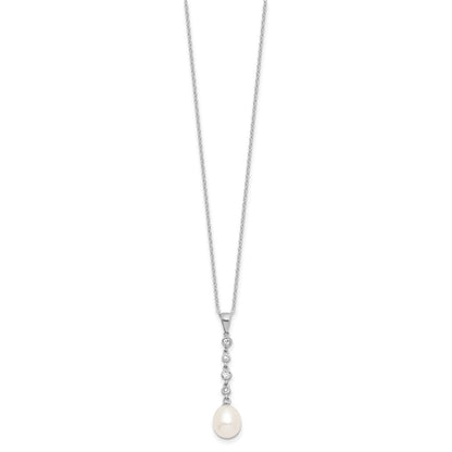 Sterling Silver Rhodium-Plated 8-9mm Fwc Pearl Cz Earring/Necklace Set