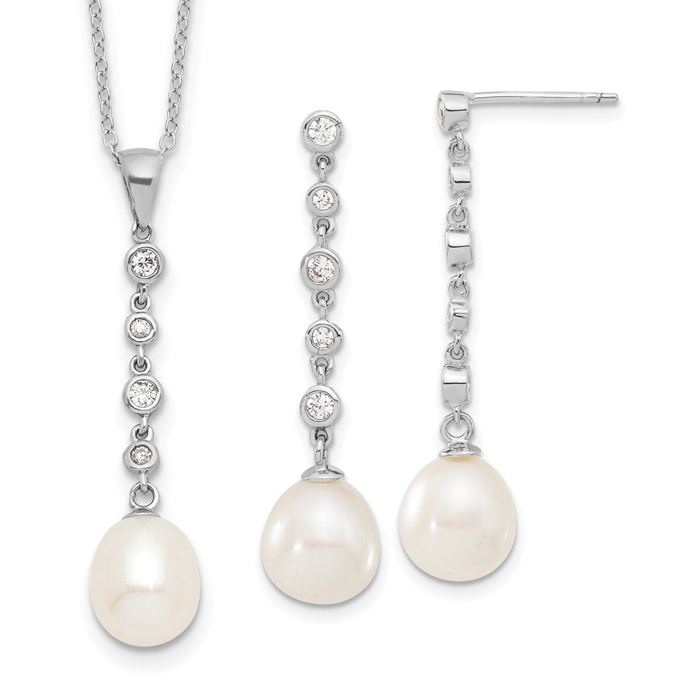 Sterling Silver Rhodium-Plated 8-9mm Fwc Pearl Cz Earring/Necklace Set