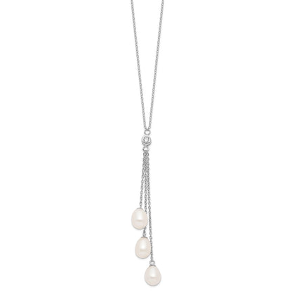 Sterling Silver Rhodium-Plated 7-8mm White Fwc Pearl Cz Drop Necklace