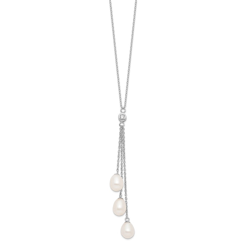 Sterling Silver Rhodium-Plated 7-8mm White Fwc Pearl Cz Drop Necklace