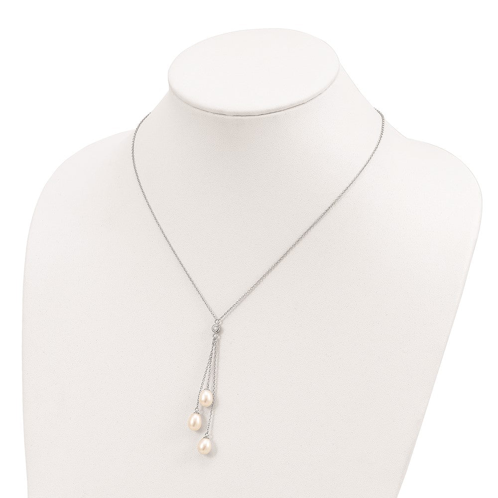 Sterling Silver Rhodium-Plated 7-8mm White Fwc Pearl Cz Drop Necklace