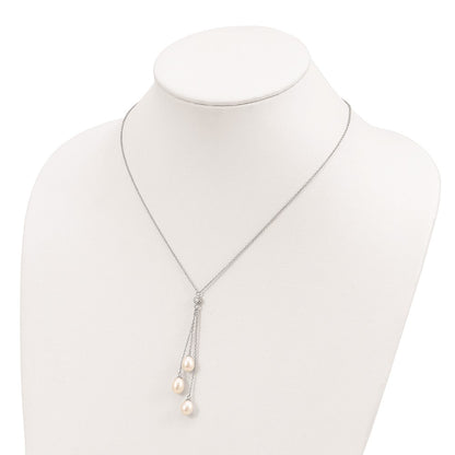 Sterling Silver Rhodium-Plated 7-8mm White Fwc Pearl Cz Drop Necklace